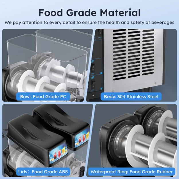 Mojgar slushy machine made with food-grade materials, including PC bowls, ABS lids, waterproof rubber rings, and a 304 stainless steel body. Ensures beverage safety and durability. Ideal for commercial use in bars, cafes, and restaurants. High-quality construction for long-lasting performance.
