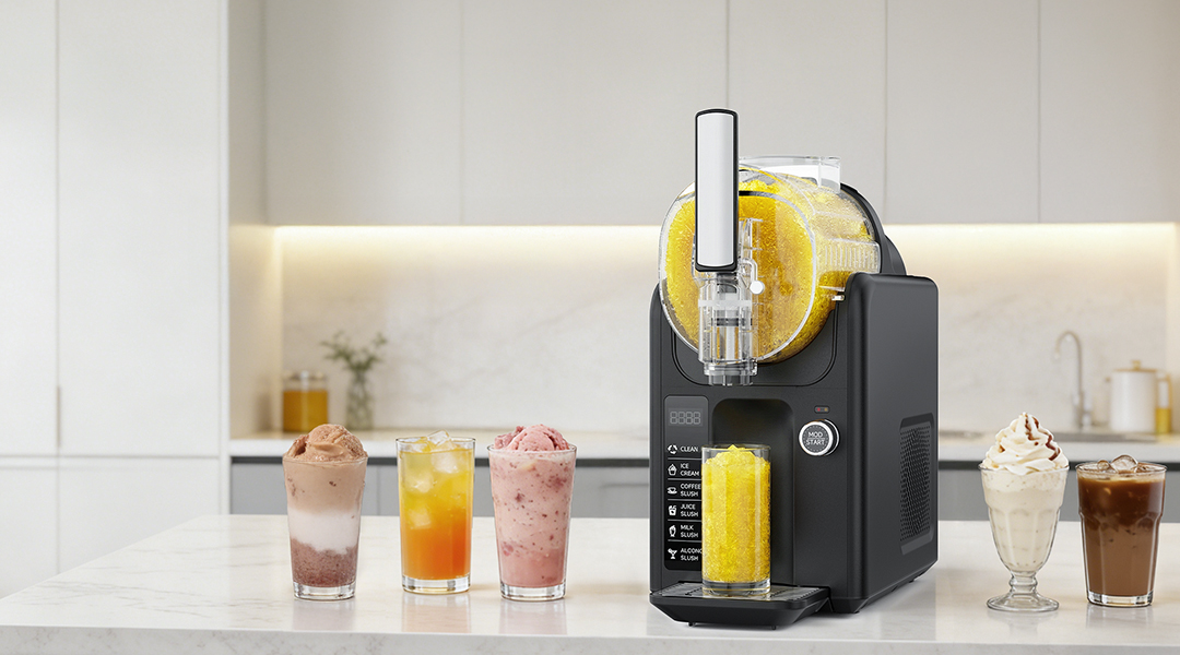 {"default":"Mojgar home slushy machine produces cool and refreshing frozen drinks. Four glasses of colorful slushies are presented in a white kitchen."}
