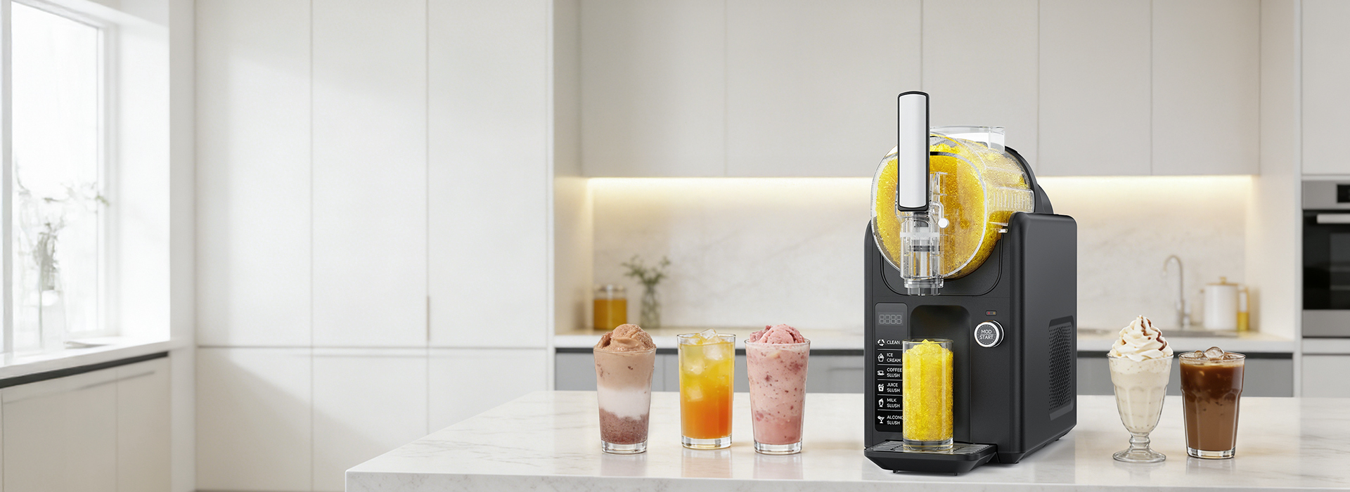 {"default":"Mojgar home slushy machine produces cool and refreshing frozen drinks. Four glasses of colorful slushies are presented in a white kitchen."}
