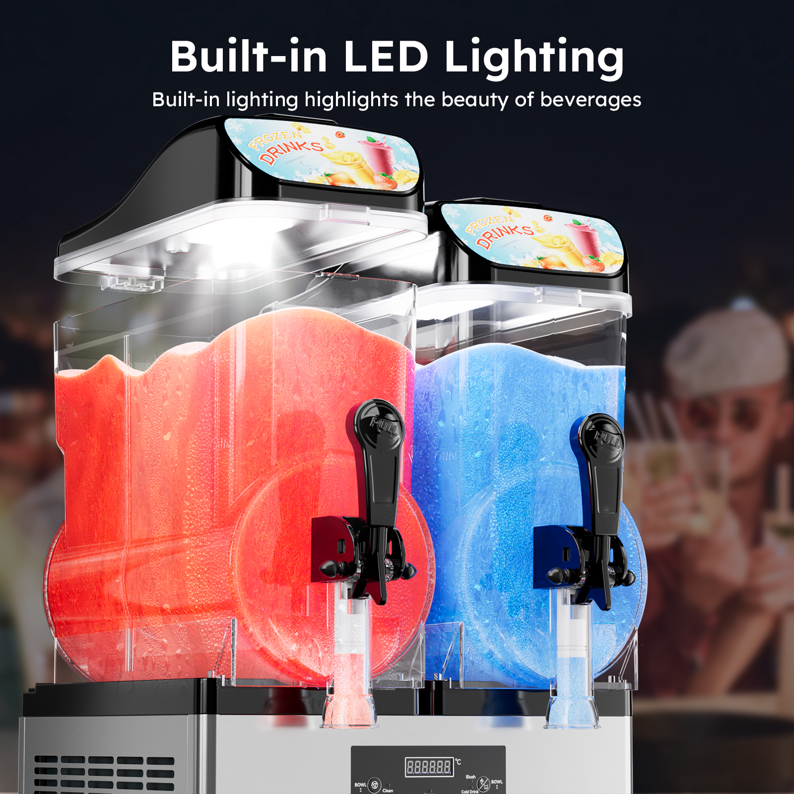 Mojgar dual-tank commercial slushy machine with built-in LED lighting, highlighting red and blue frozen drinks, perfect for bars, restaurants, cafes, and home use.