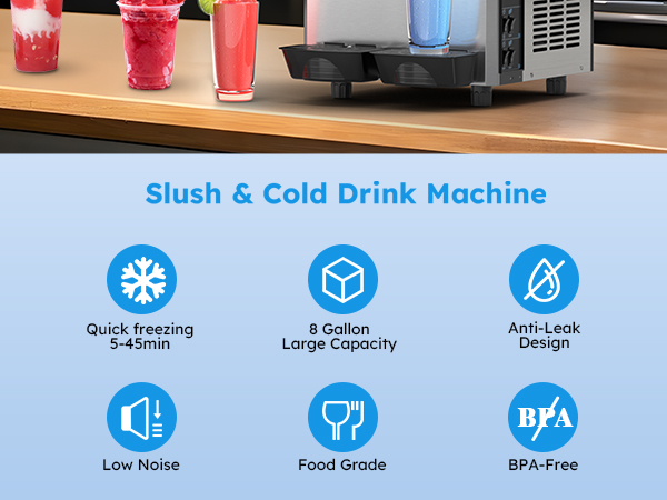 Mojgar slushy machine with low-noise operation, food-grade materials, and BPA-free design. Produces high-quality frozen drinks, including slushies, smoothies, and margaritas. Ideal for commercial use in bars, cafes, and restaurants. Dual tank system ensur