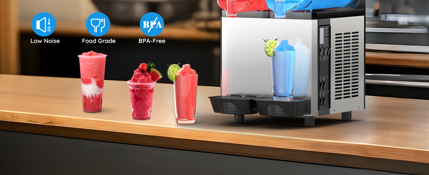 Mojgar slushy machine with low-noise operation, food-grade materials, and BPA-free design. Produces high-quality frozen drinks, including slushies, smoothies, and margaritas. Ideal for commercial use in bars, cafes, and restaurants. Dual tank system ensur