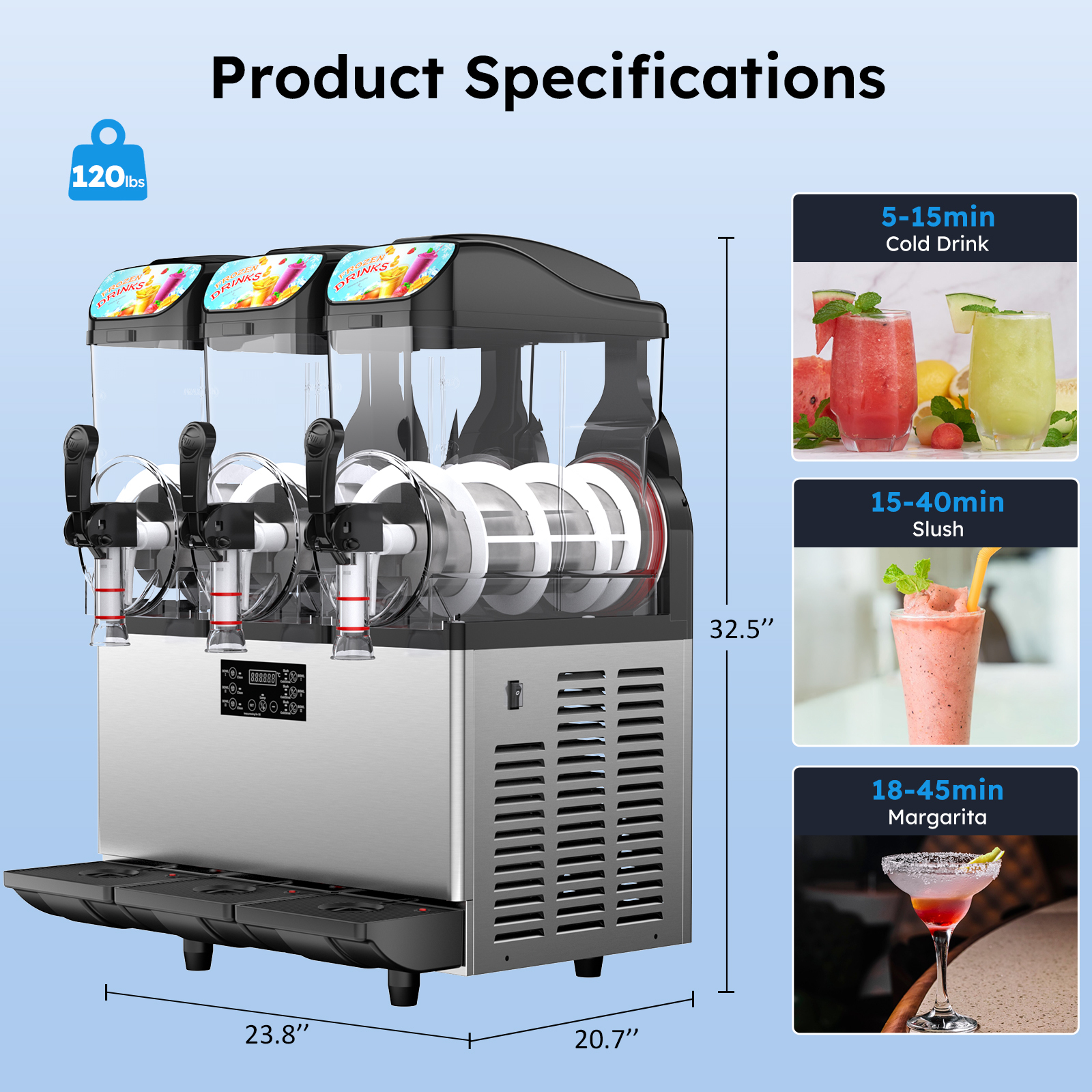 Mojgar Slushy Machine with 120 lbs weight, 32.5" height, and 3-tank capacity. Freezing times: cold drinks (5-15 min), slush (15-40 min), margaritas (18-45 min). Perfect for bars, restaurants, and cafes.