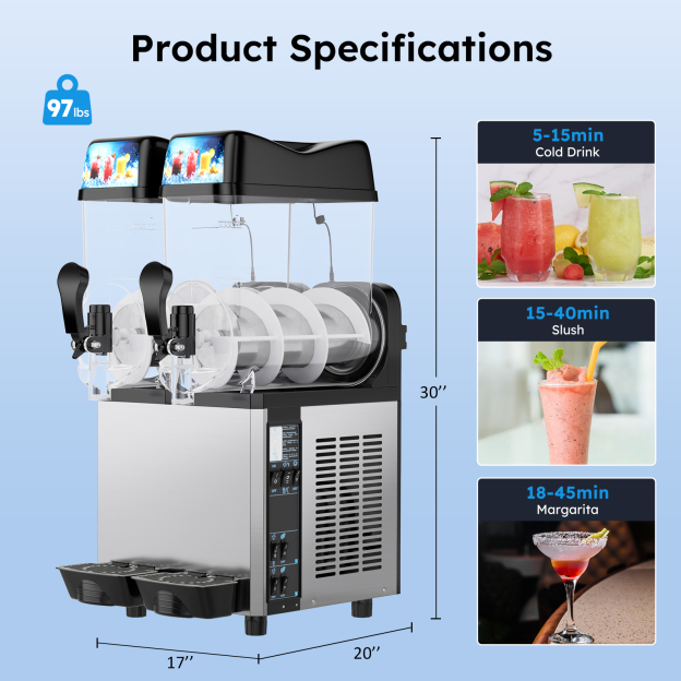 Mojgar slushy machine product specifications: dimensions 30" x 20" x 17", weight 97 lbs. Fast cooling times: cold drink (5-15 min), slush (15-40 min), margarita (18-45 min). Dual-tank design with stainless steel body, ideal for bars, cafes, and restaurants.