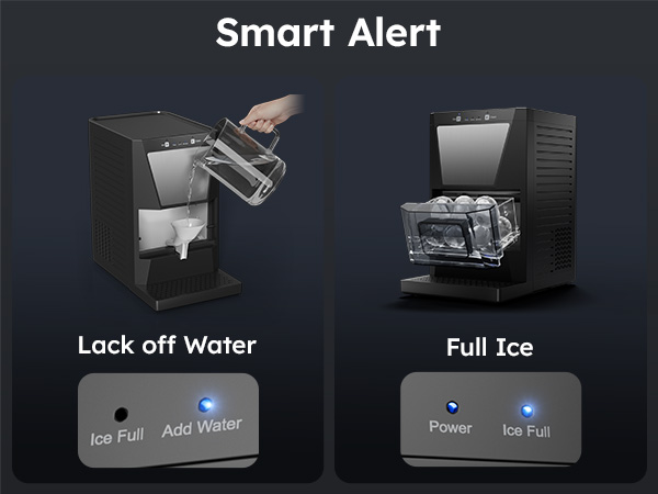 Mojgar ice maker's smart alert system indicating when to add water or when the ice basket is full, making operation effortless.