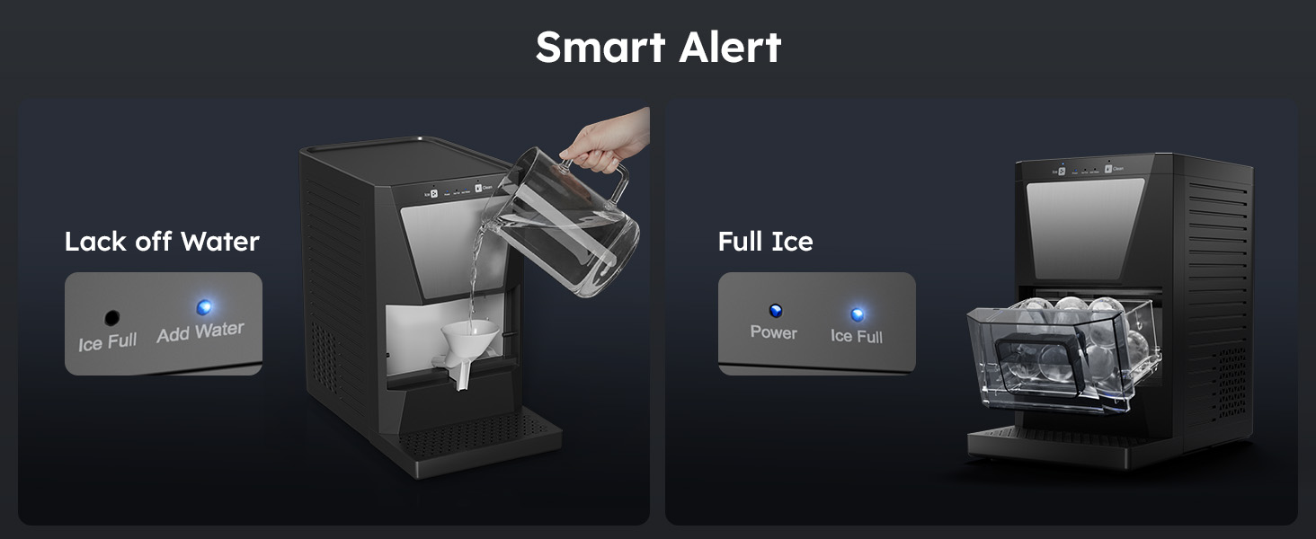 Mojgar ice maker's smart alert system indicating when to add water or when the ice basket is full, making operation effortless.