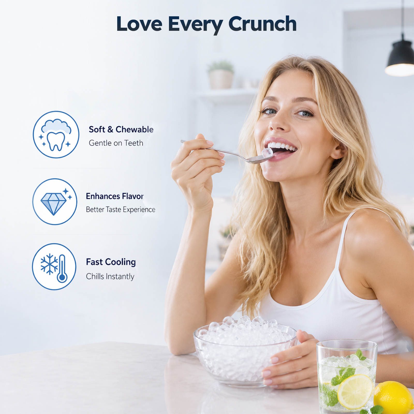 Soft and chewable nugget ice from the Mojgar undercounter ice maker, ideal for iced coffee, cocktails, soda, smoothies, and refreshing everyday drinks.