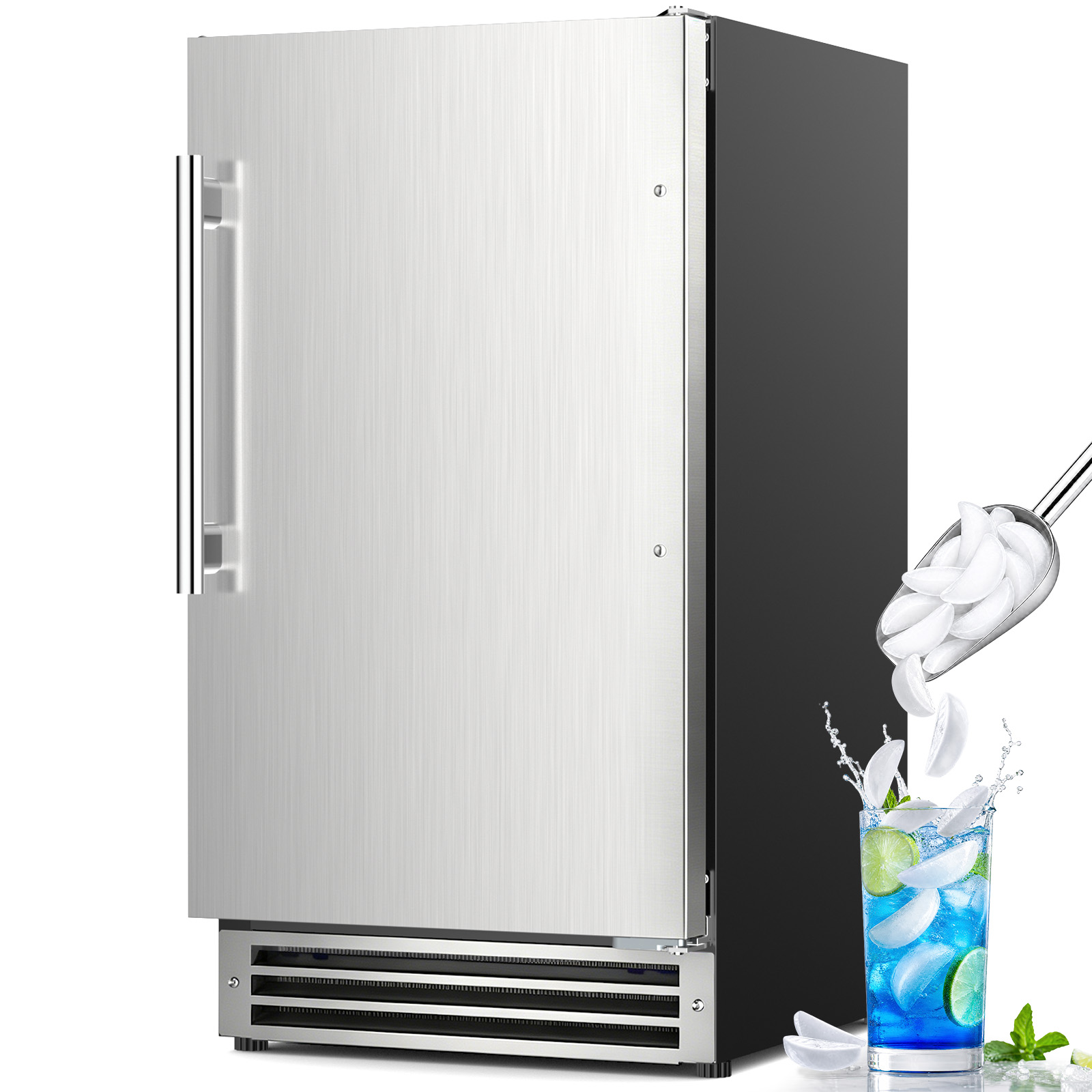 Mojgar stainless steel under counter crescent ice maker with compact built-in design, ideal for home kitchens, wet bars, offices, and entertainment spaces.