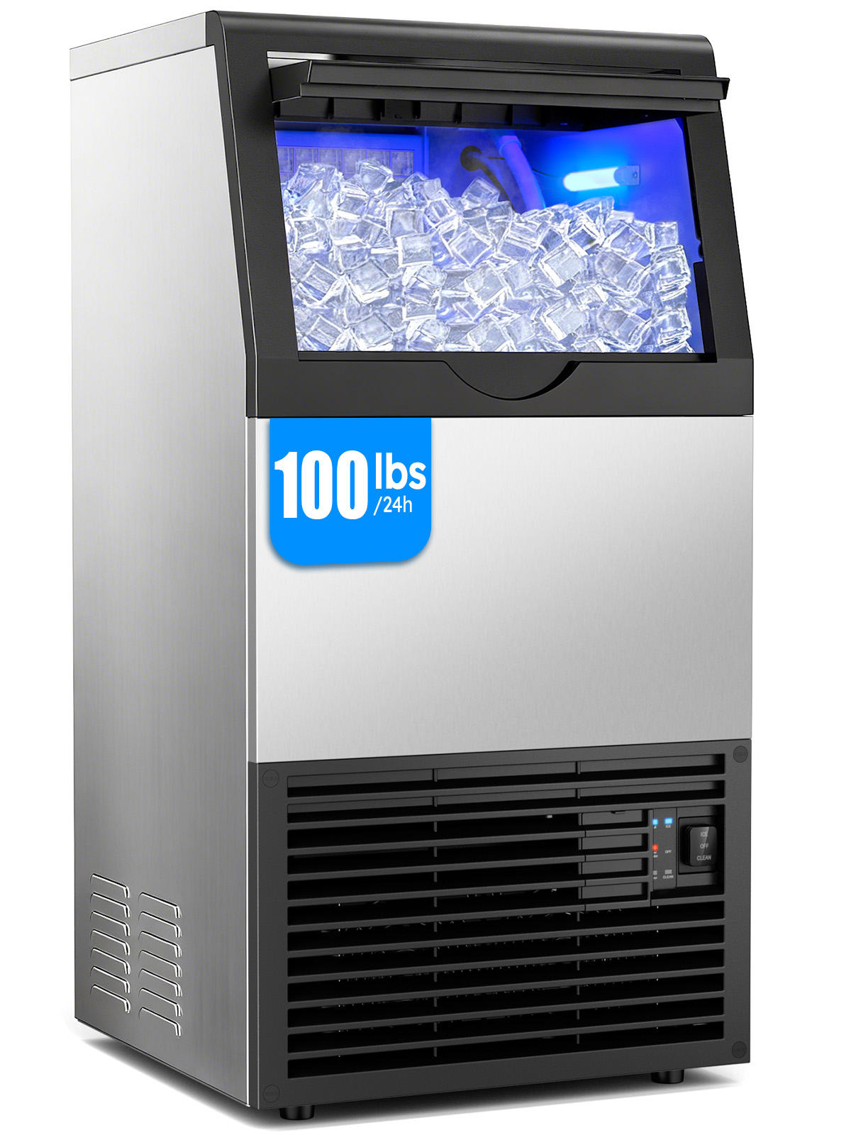 Mojgar commercial ice maker with 100lbs daily production, 33lbs under-counter ice storage, stainless steel body, self-cleaning feature, blue LED light, ideal for bars, cafes, restaurants, and home use.