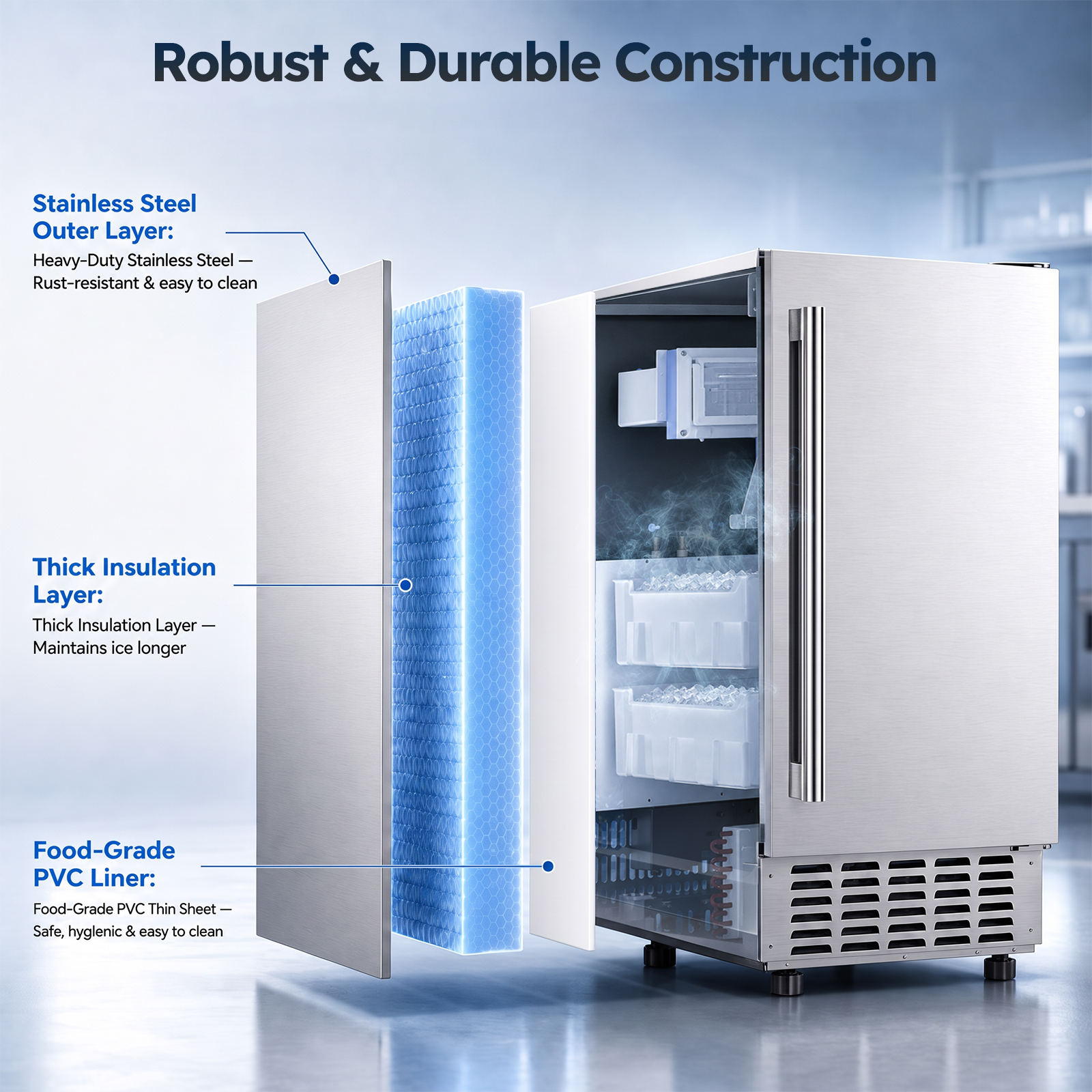 Mojgar stainless steel undercounter nugget ice maker with durable outer shell, thick insulation layer, and food-grade interior liner for reliable everyday use.