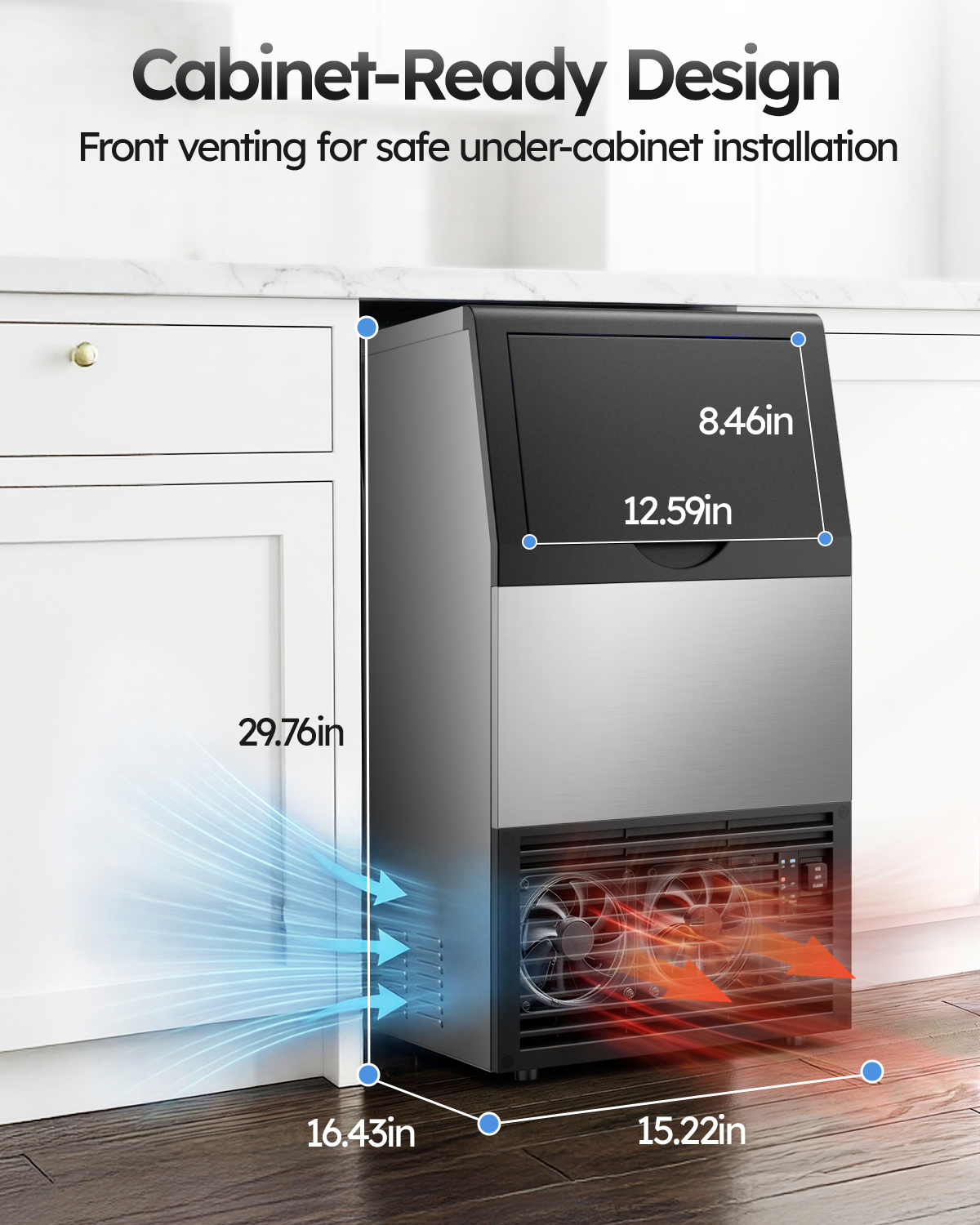 Mojgar undercounter commercial ice maker shown beneath cabinetry with front ventilation and compact dimensions designed for built-in or freestanding installation
