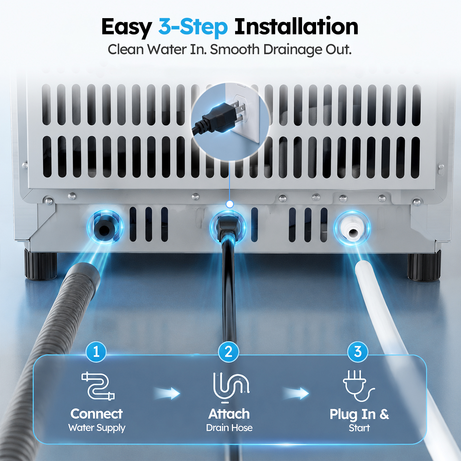 Mojgar undercounter nugget ice maker three-step installation showing water supply connection, drain hose attachment, and plug-in setup for easy installation.