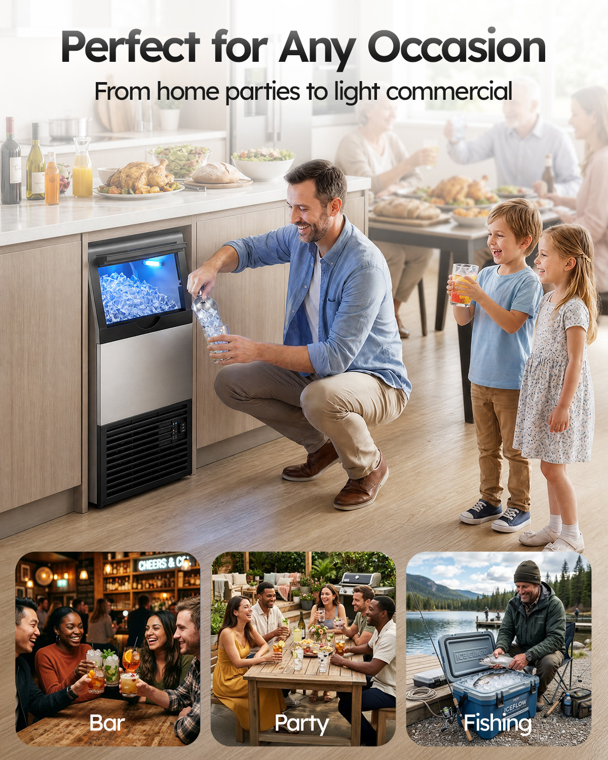 Mojgar undercounter ice maker installed in a home kitchen, suitable for home bars, parties, entertaining, beverage service, and light commercial use.