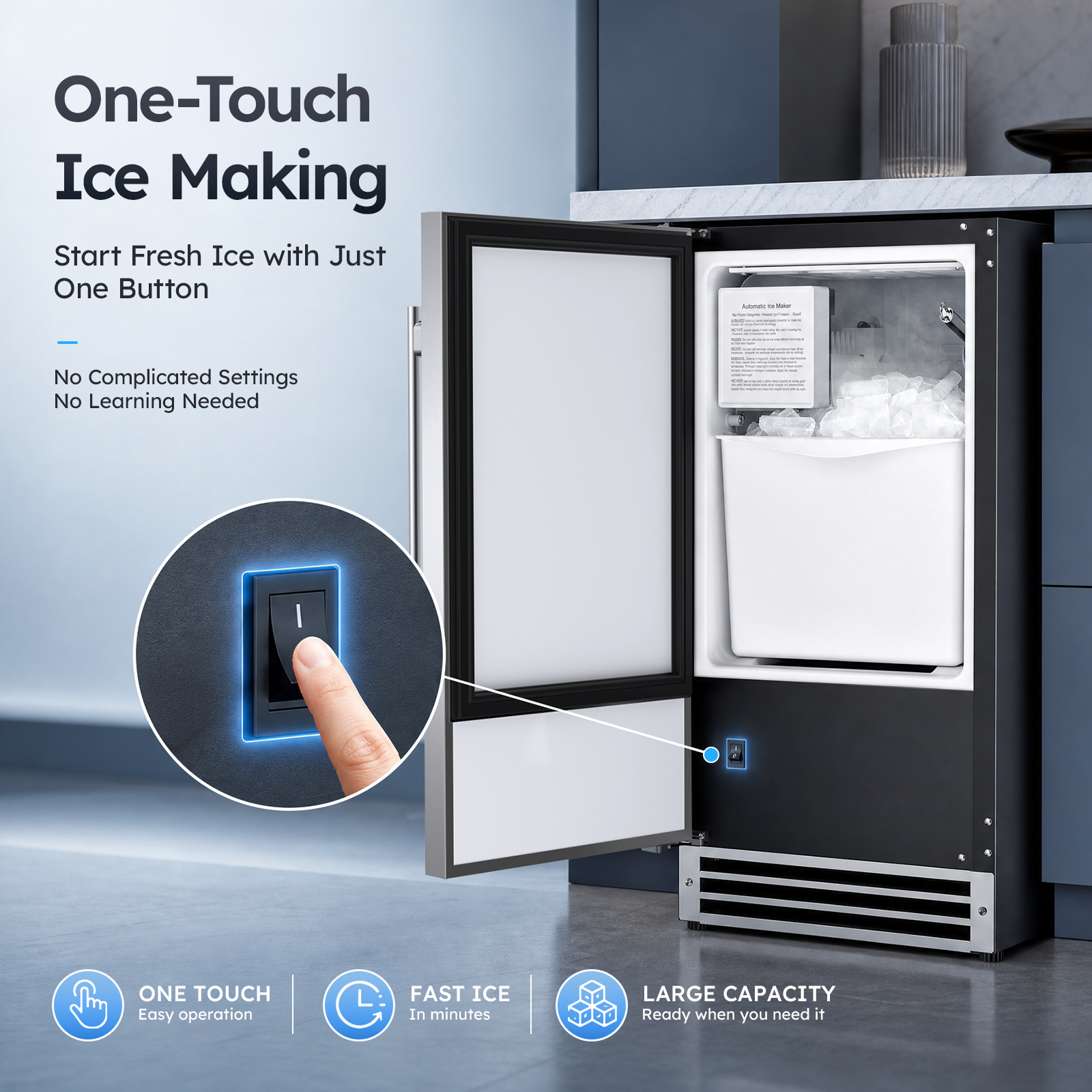 Mojgar under counter crescent ice maker with simple one-touch operation for convenient daily ice making and a large removable ice storage bin.