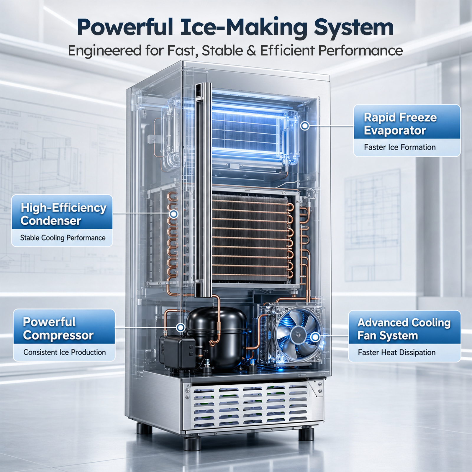 Mojgar undercounter nugget ice maker with high-efficiency condenser, powerful compressor, rapid-freeze evaporator, and advanced cooling fan system for stable ice production.