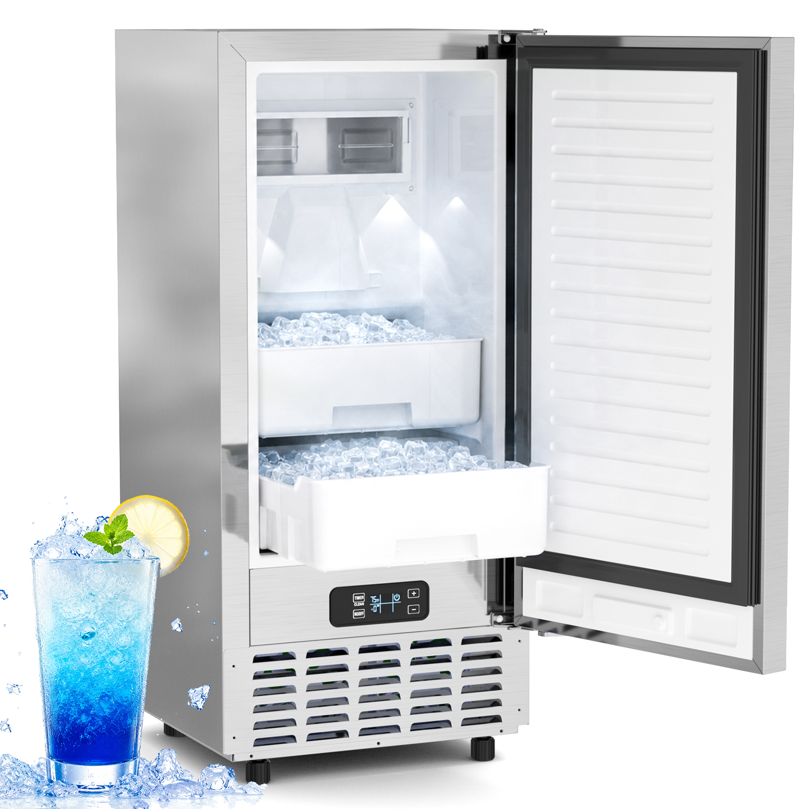 Mojgar stainless steel undercounter nugget ice maker with open door and dual removable ice bins, designed to keep soft nugget ice ready for drinks and entertaining.