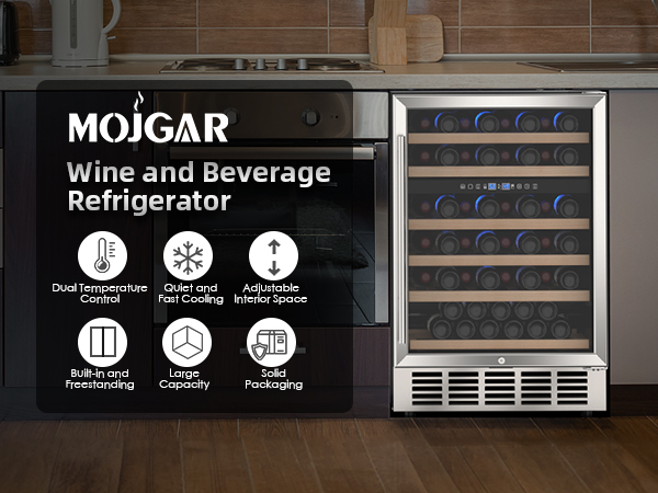 Mojgar wine and beverage refrigerator installed in a modern kitchen, featuring dual temperature control, adjustable shelves, quiet cooling, and large capacity for both built-in and freestanding use.