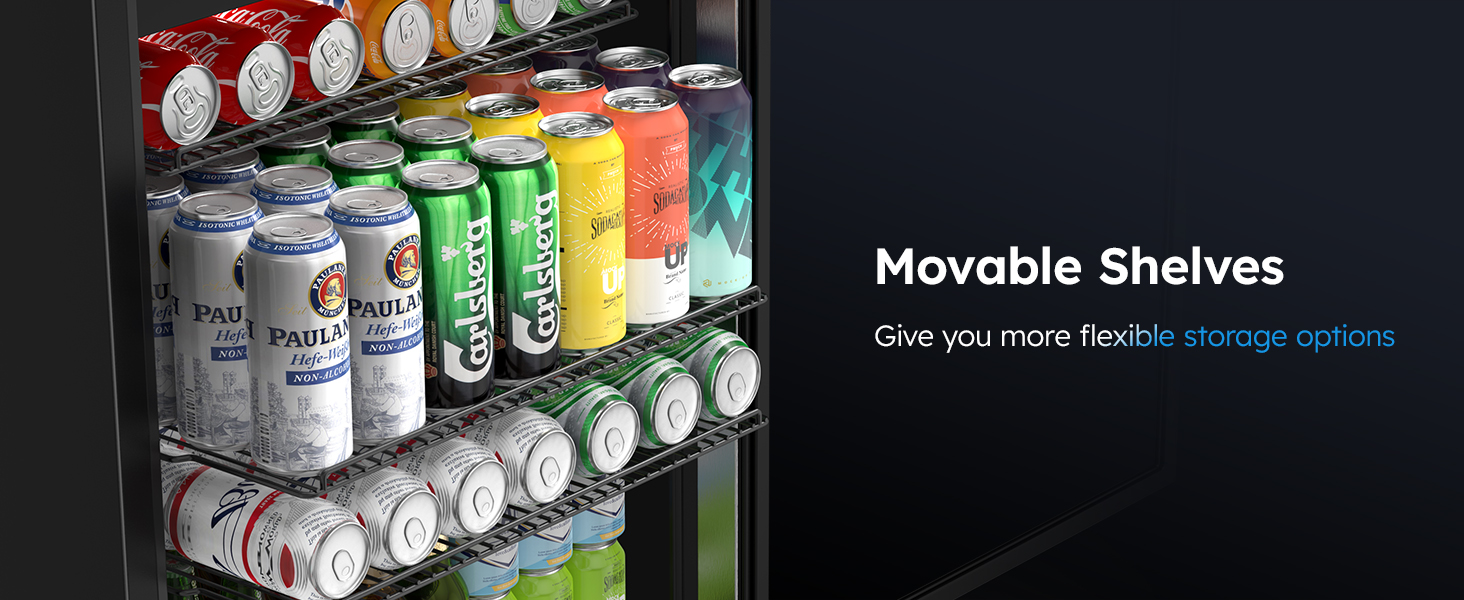 Beverage refrigerator with movable shelves, showcasing various drink cans organized for flexible storage solutions, allowing customization for different bottle and can sizes.