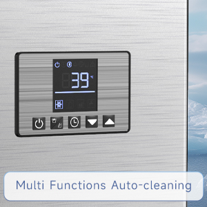 Close-up of the LCD control panel on a commercial ice maker showcasing multi-function settings, including auto-cleaning, temperature display, and user-friendly controls for effortless maintenance.