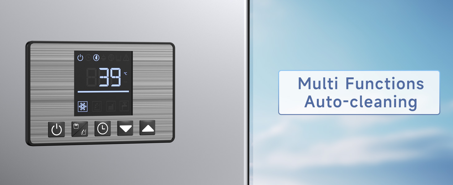 Close-up of the LCD control panel on a commercial ice maker showcasing multi-function settings, including auto-cleaning, temperature display, and user-friendly controls for effortless maintenance.