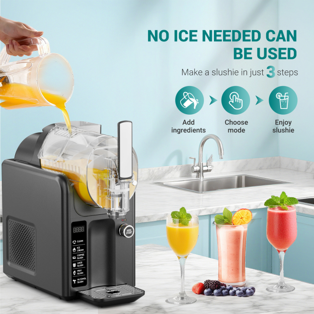Make slushies without the need for ice in just three simple steps. Add ingredients, choose the mode, and enjoy your slushie with the Mojgar slushy machine.