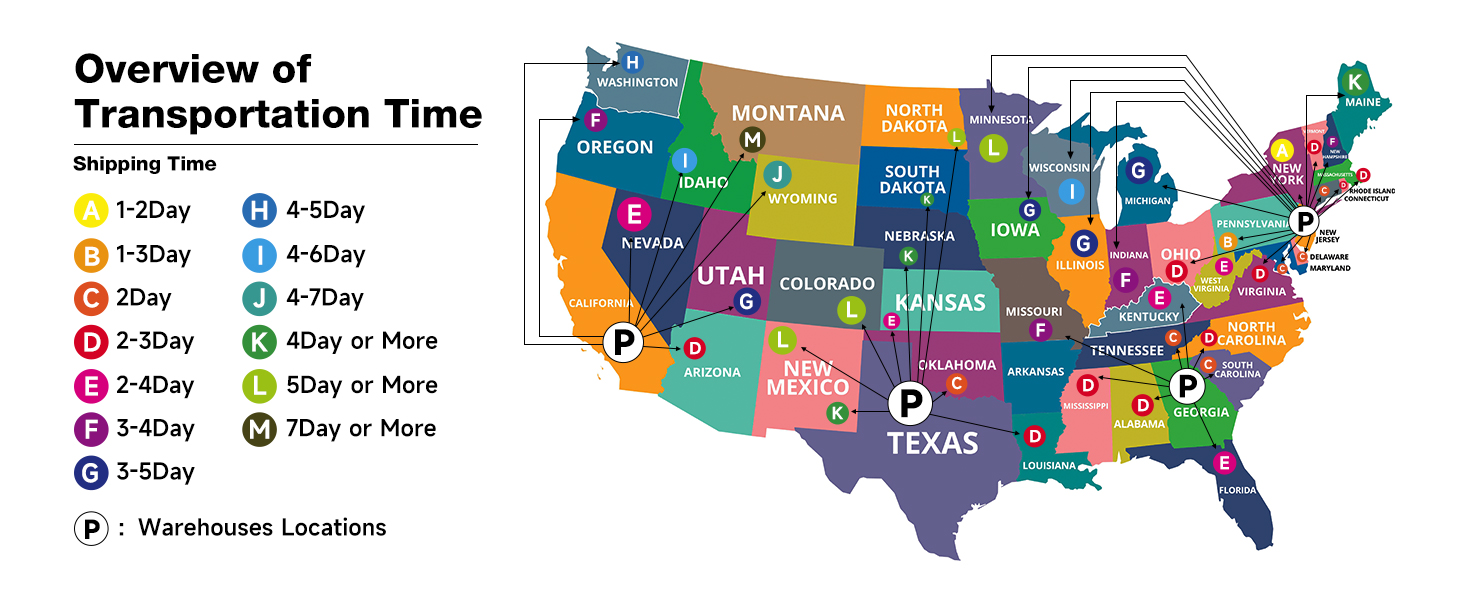 Shipping time overview map showing estimated delivery times across different U.S. states. Each state is color-coded to indicate the number of days required for shipping based on location. This map helps customers easily understand the shipping times to various regions.