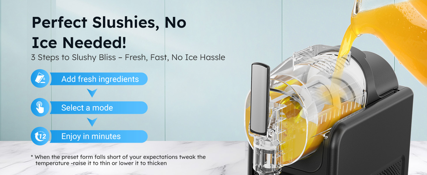 {"default":"Mojgar Slushie Machine with 85oz capacity, rapid cooling, 5 preset modes, automatic cleaning, and low-noise operation. Easily make slushies in three simple steps."}
