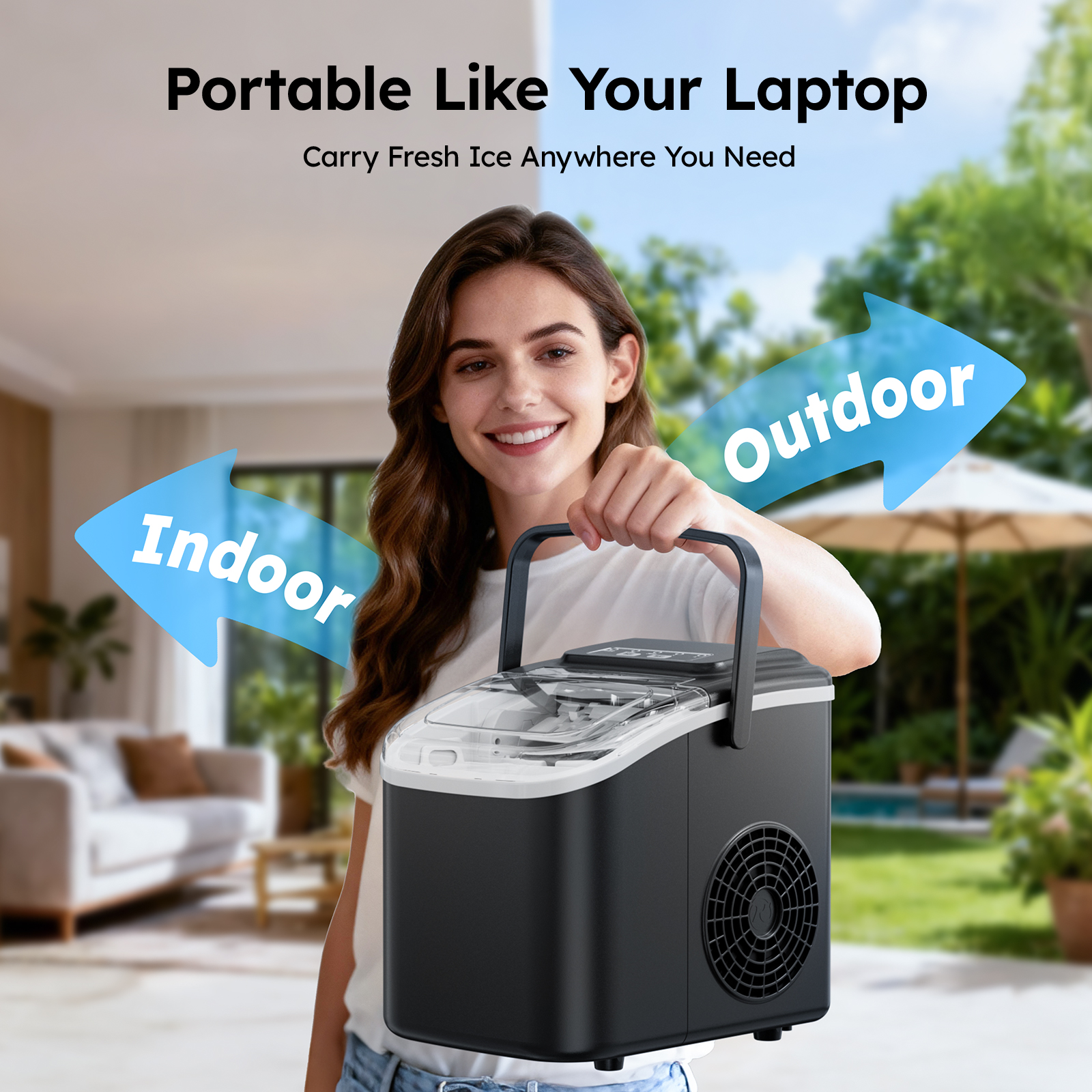Portable ice maker perfect for both indoor and outdoor use, easy to carry like a laptop, ensuring fresh ice wherever you need it.