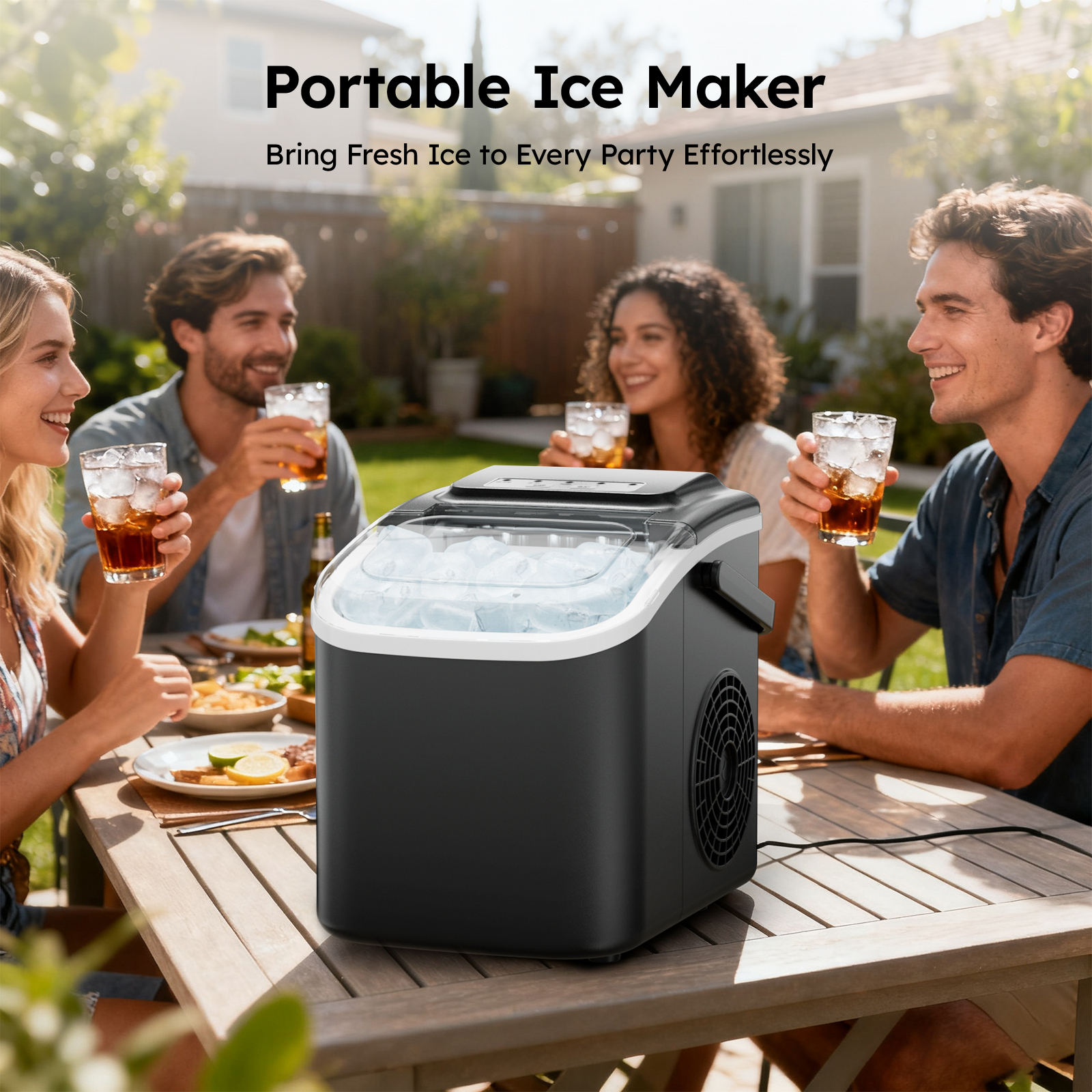 Portable ice maker bringing fresh ice to every party, providing ice for drinks at home, outdoor gatherings, and parties.