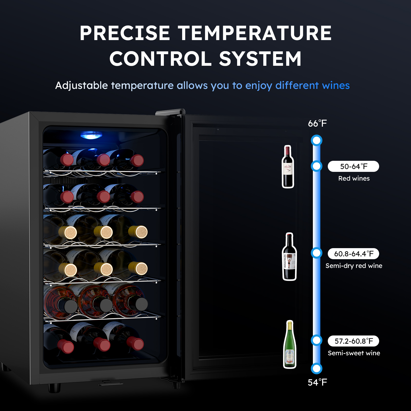 Open wine cooler showcasing precise temperature control for storing red, semi-dry, and semi-sweet wines, with adjustable settings from 54°F to 66°F for optimal wine preservation.