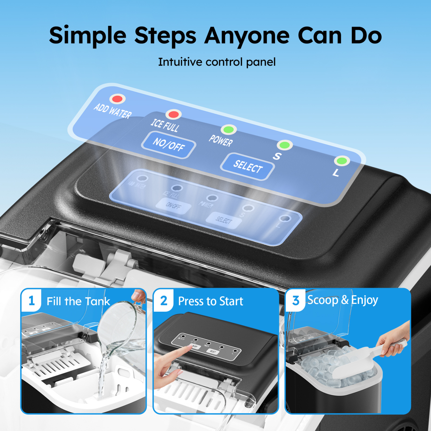 Mojgar ice maker with an intuitive control panel, allowing you to easily add water, start the ice-making process, and enjoy fresh ice.