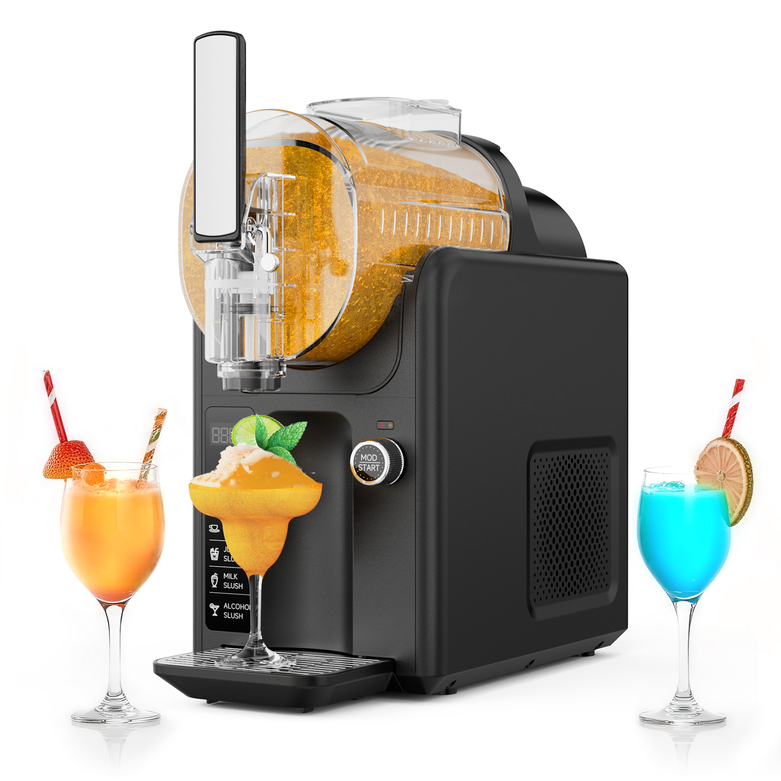 The Mojgar slushy machine with vibrant drinks like fruit slush and margaritas, showcasing its versatility for different types of beverages.