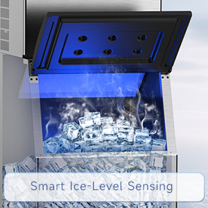 Commercial ice maker with smart ice-level sensing technology, featuring a clear view of the ice storage bin and efficient monitoring system for maintaining optimal ice production levels.