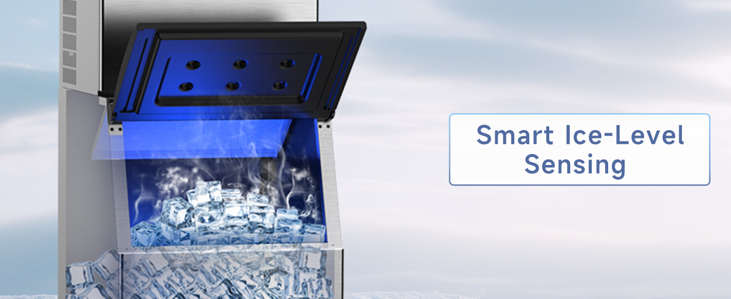 Commercial ice maker with smart ice-level sensing technology, featuring a clear view of the ice storage bin and efficient monitoring system for maintaining optimal ice production levels.