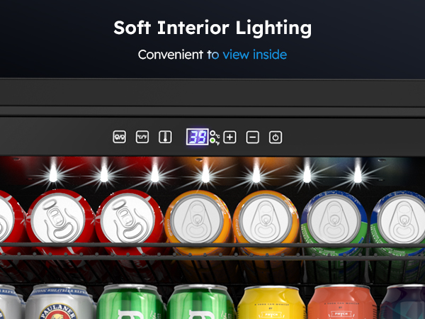 MOJGAR beverage fridge with soft interior lighting, displaying organized cans and bottles. The LED lighting enhances visibility inside, making it convenient to view stored drinks.