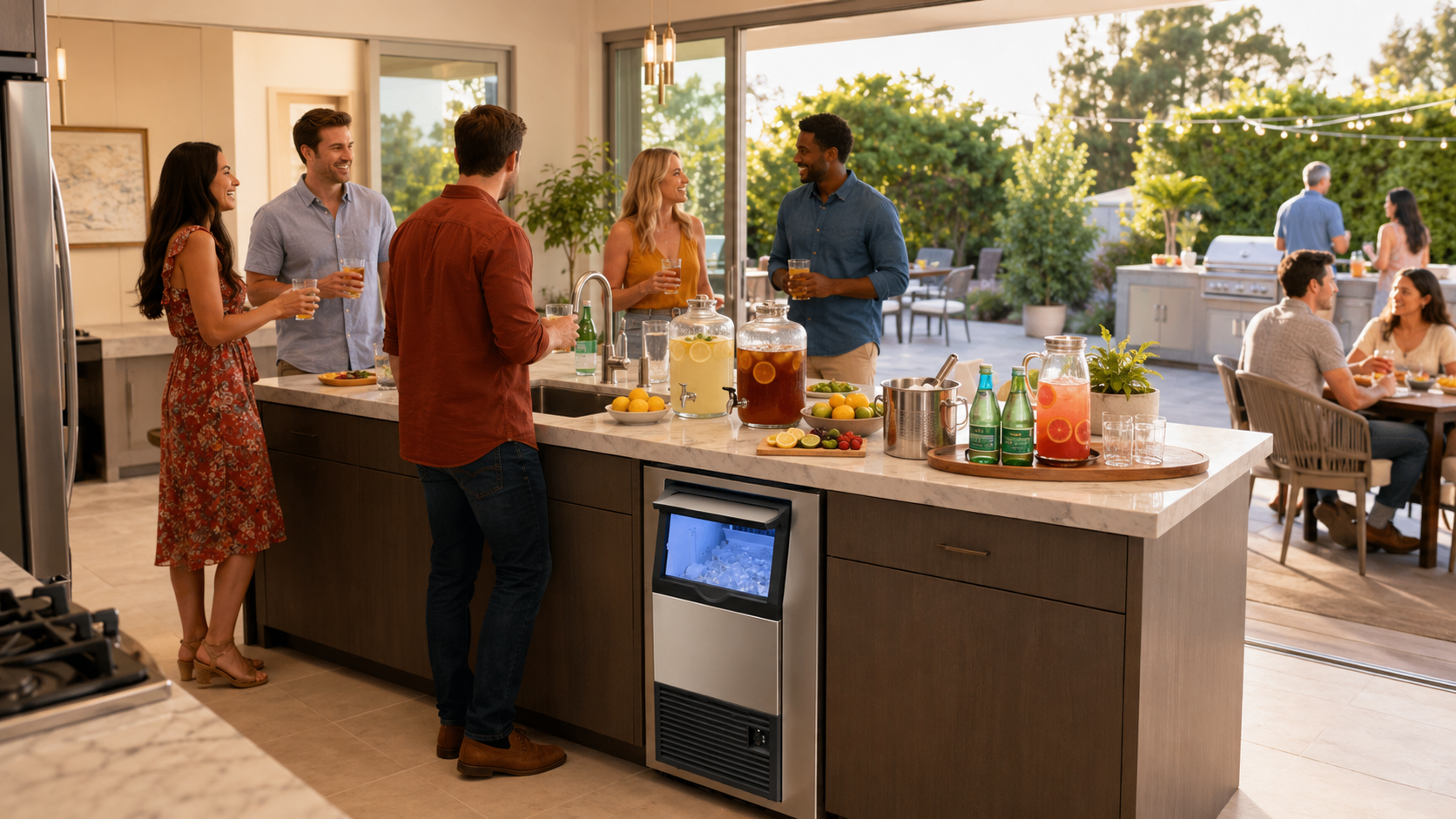 Summer drink station with cold drinks, clear ice, and an undercounter ice maker for home parties