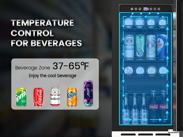 Temperature control for beverages with a range of 37-65°F, ideal for storing drinks like Sprite, Coca-Cola, Budweiser, Fanta, and energy drinks, ensuring they remain refreshingly cool.