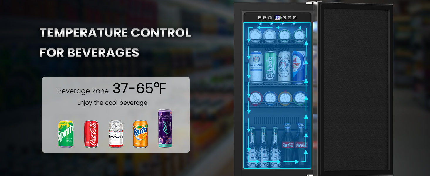 Temperature control for beverages with a range of 37-65°F, ideal for storing drinks like Sprite, Coca-Cola, Budweiser, Fanta, and energy drinks, ensuring they remain refreshingly cool.