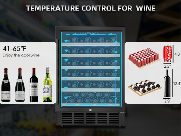 Wine fridge with precise temperature control from 41-65°F, showcasing storage options for wine bottles and cans with adjustable shelves for optimal preservation and organization.
