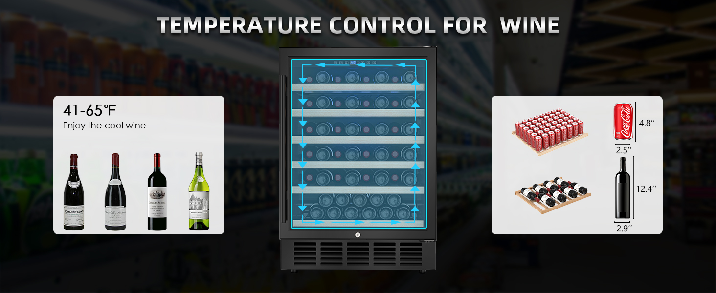Wine fridge with precise temperature control from 41-65°F, showcasing storage options for wine bottles and cans with adjustable shelves for optimal preservation and organization.
