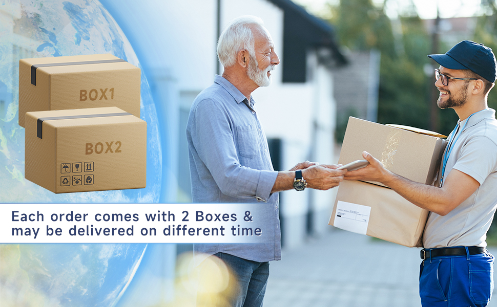 Delivery notice showing two separate boxes for each order, with a friendly courier handing a package to a customer, indicating potential different delivery times for the boxes.