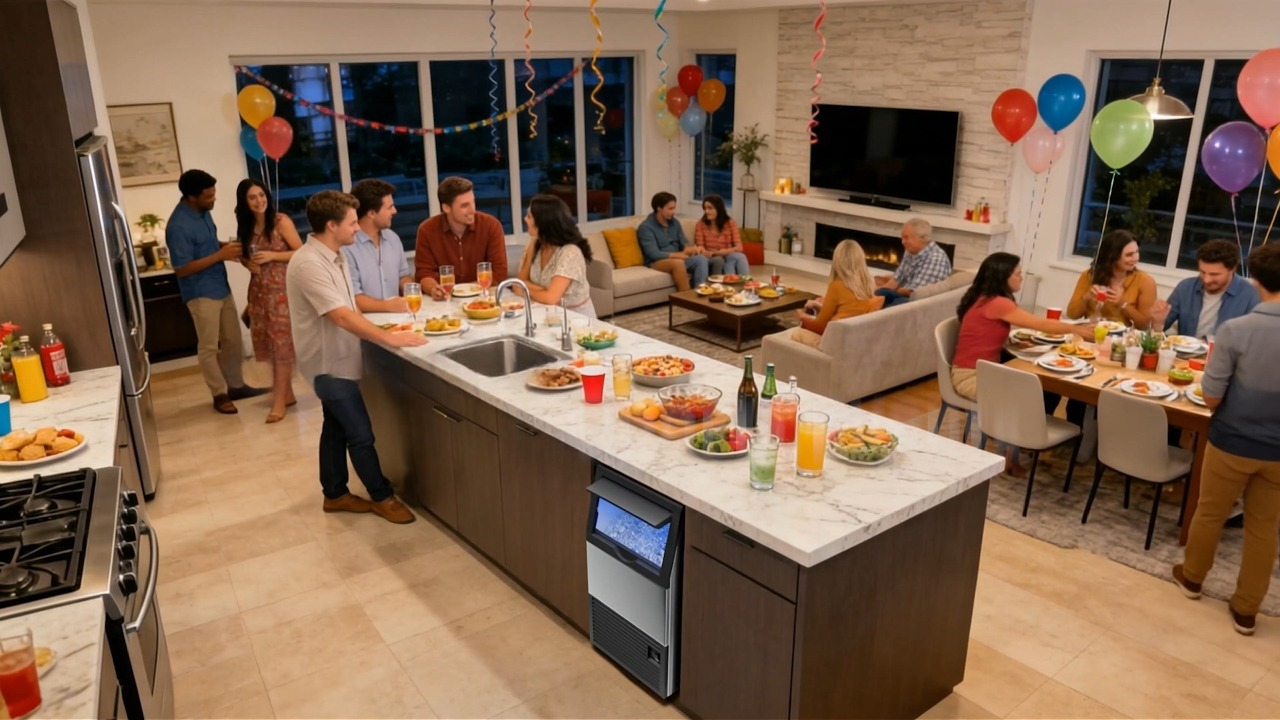 Undercounter ice maker installed in a kitchen island for home parties and cold drinks