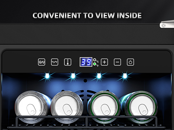 Refrigerator interior with convenient viewing, featuring a digital temperature display and ambient LED lighting for easy access and visibility of stored beverages