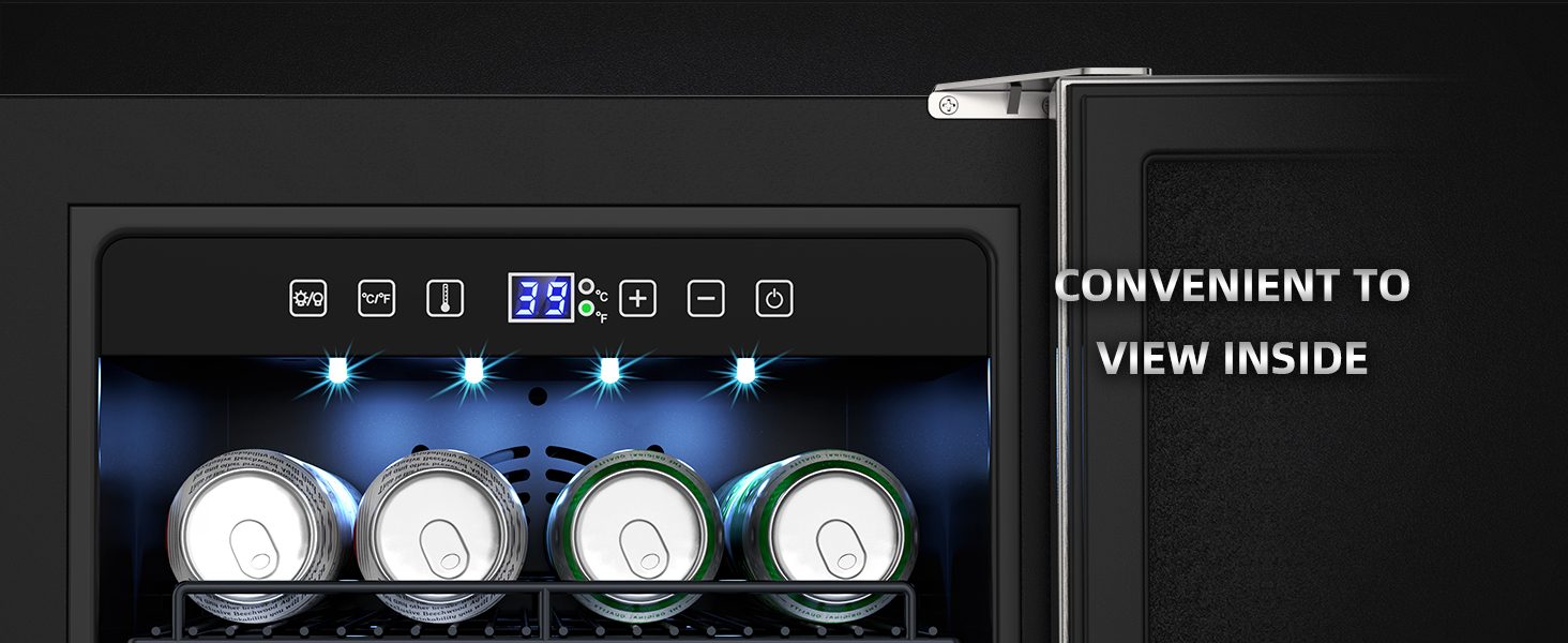 Refrigerator interior with convenient viewing, featuring a digital temperature display and ambient LED lighting for easy access and visibility of stored beverages