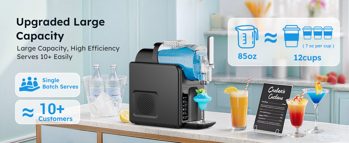 {"default":"Upgraded large capacity slush machine serving 85oz (12 cups) in a single batch. High efficiency, ideal for 10+ customers at a time."}
