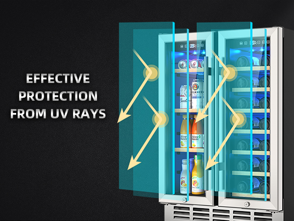 Dual-door wine and beverage refrigerator with UV protection glass, safeguarding stored beverages and wine from harmful ultraviolet rays while maintaining ideal interior cooling conditions.