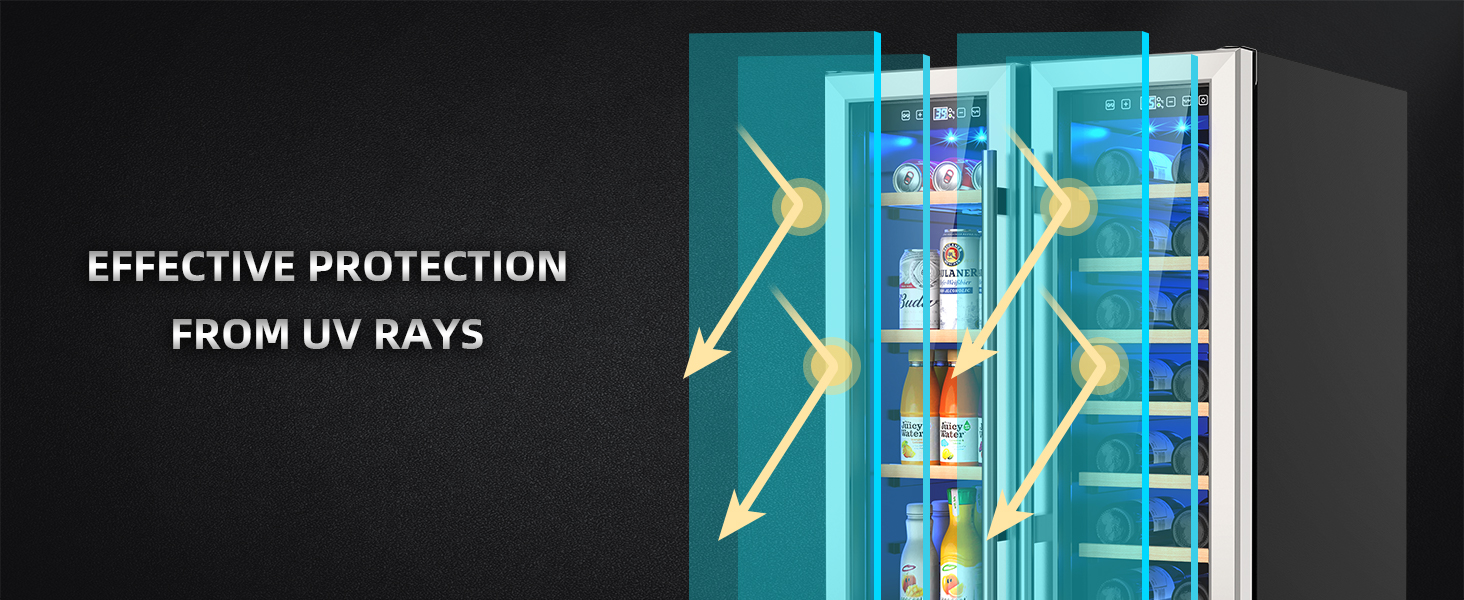 Dual-door wine and beverage refrigerator with UV protection glass, safeguarding stored beverages and wine from harmful ultraviolet rays while maintaining ideal interior cooling conditions.