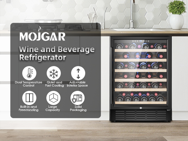 Modern kitchen with a Mojgar wine and beverage refrigerator featuring dual temperature control, adjustable shelves, quiet cooling, and large capacity, suitable for built-in or freestanding use.