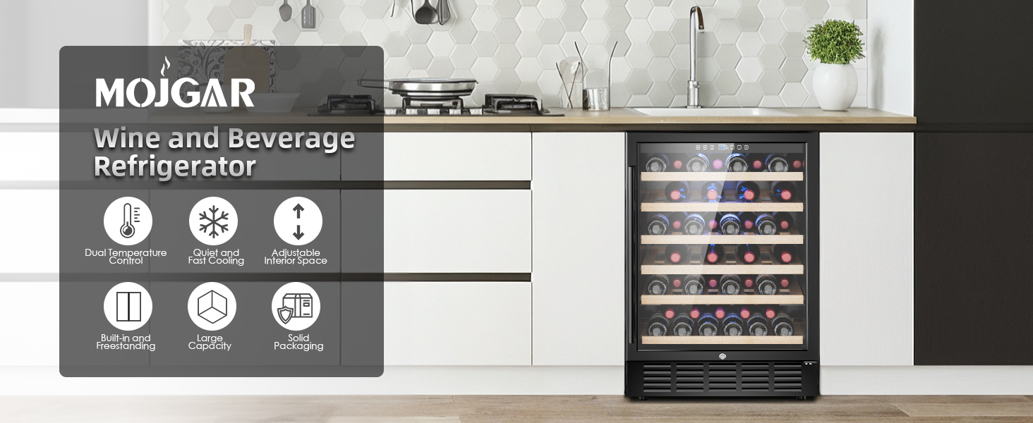 Modern kitchen with a Mojgar wine and beverage refrigerator featuring dual temperature control, adjustable shelves, quiet cooling, and large capacity, suitable for built-in or freestanding use.
