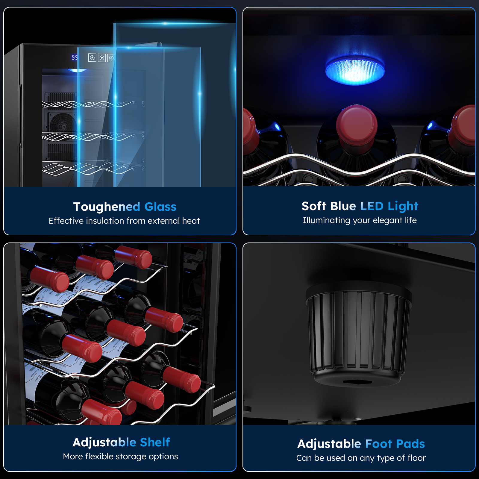 Wine fridge details showing toughened glass for insulation, soft blue LED lighting, adjustable shelves for flexibility, and adjustable foot pads for stability on any floor type.